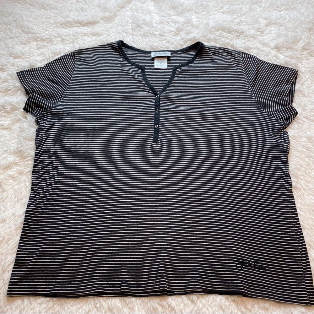 Jonathan Logan Short Sleeve Blue/White Striped Casual Front Snap Top, Size XL